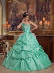 Apple Green Ball Gown One Shoulder Floor-length Hand Flowers Taffeta Quinceanera Dress