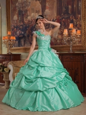 Apple Green Ball Gown One Shoulder Floor-length Hand Flowers Taffeta Quinceanera Dress