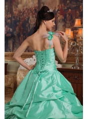 Apple Green Ball Gown One Shoulder Floor-length Hand Flowers Taffeta Quinceanera Dress