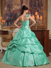 Apple Green Ball Gown One Shoulder Floor-length Hand Flowers Taffeta Quinceanera Dress