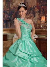 Apple Green Ball Gown One Shoulder Floor-length Hand Flowers Taffeta Quinceanera Dress