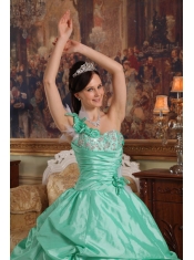 Apple Green Ball Gown One Shoulder Floor-length Hand Flowers Taffeta Quinceanera Dress