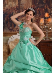 Apple Green Ball Gown One Shoulder Floor-length Hand Flowers Taffeta Quinceanera Dress