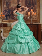 Apple Green Ball Gown One Shoulder Floor-length Hand Flowers Taffeta Quinceanera Dress