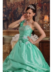 Apple Green Ball Gown One Shoulder Floor-length Hand Flowers Taffeta Quinceanera Dress