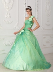 Apple Green Ball Gown One Shoulder Floor-length Organza Beading and Hand Made Flowers Quinceanera Dress