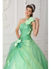 Apple Green Ball Gown One Shoulder Floor-length Organza Beading and Hand Made Flowers Quinceanera Dress