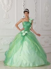 Apple Green Ball Gown One Shoulder Floor-length Organza Beading and Hand Made Flowers Quinceanera Dress