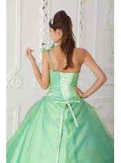 Apple Green Ball Gown One Shoulder Floor-length Organza Beading and Hand Made Flowers Quinceanera Dress