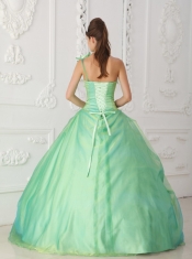 Apple Green Ball Gown One Shoulder Floor-length Organza Beading and Hand Made Flowers Quinceanera Dress