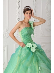 Apple Green Ball Gown One Shoulder Floor-length Organza Beading and Hand Made Flowers Quinceanera Dress