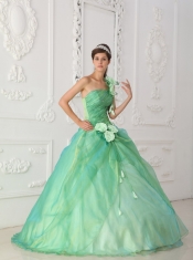 Apple Green Ball Gown One Shoulder Floor-length Organza Beading and Hand Made Flowers Quinceanera Dress