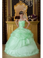 Apple Green Ball Gown Strapless Floor-length Organza Beading Ruch  Sweet 16 Dress