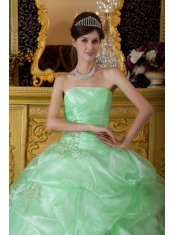 Apple Green Ball Gown Strapless Floor-length Organza Beading Ruch  Sweet 16 Dress