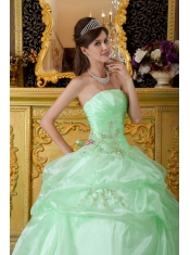 Apple Green Ball Gown Strapless Floor-length Organza Beading Ruch  Sweet 16 Dress