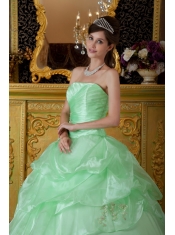 Apple Green Ball Gown Strapless Floor-length Organza Beading Ruch  Sweet 16 Dress