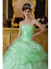 Apple Green Ball Gown Strapless Floor-length Organza Beading Ruch  Sweet 16 Dress