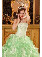 Green Ball Gown Sweetheart Floor-length Organza Beading and Ruffles Quinceanera Dress