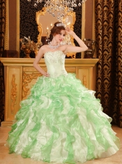 Green Ball Gown Sweetheart Floor-length Organza Beading and Ruffles Quinceanera Dress