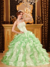Green Ball Gown Sweetheart Floor-length Organza Beading and Ruffles Quinceanera Dress
