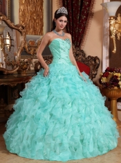 Apple Green Ball Gown Sweetheart Floor-length Organza Beading and Ruffles Quinceanera Dress