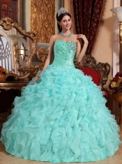 Apple Green Ball Gown Sweetheart Floor-length Organza Beading and Ruffles Quinceanera Dress