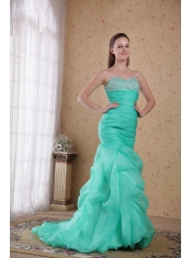 Apple Green Column Sweetheart Brush Train Organza Beading and Ruch Prom / Celebrity Dress