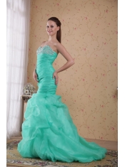 Apple Green Column Sweetheart Brush Train Organza Beading and Ruch Prom / Celebrity Dress