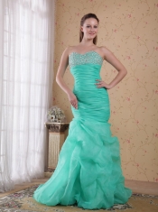 Apple Green Column Sweetheart Brush Train Organza Beading and Ruch Prom / Celebrity Dress
