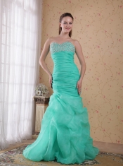 Apple Green Column Sweetheart Brush Train Organza Beading and Ruch Prom / Celebrity Dress