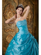 Aqua Ball Gown Strapless Floor-length Taffeta Appliques Quinceanera Dress