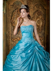 Aqua Ball Gown Strapless Floor-length Taffeta Appliques Quinceanera Dress