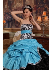 Aqua Blue and Black Ball Gown Sweetheart Floor-length Pick-ups Taffeta and Organza Quinceanera Dress