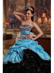 Aqua Blue and Black Ball Gown Sweetheart Floor-length Pick-ups Taffeta and Organza Quinceanera Dress