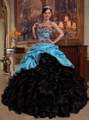 Aqua Blue and Black Ball Gown Sweetheart Floor-length Pick-ups Taffeta and Organza Quinceanera Dress