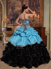 Aqua Blue and Black Ball Gown Sweetheart Floor-length Pick-ups Taffeta and Organza Quinceanera Dress