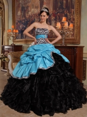 Aqua Blue and Black Ball Gown Sweetheart Floor-length Pick-ups Taffeta and Organza Quinceanera Dress