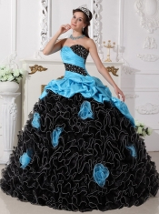 Aqua Blue and Black Sweetheart Organza Beading and Rolling Flowers Ball Gown Quinceanera Dress