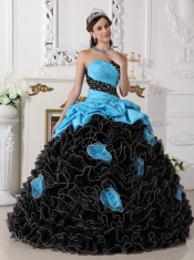 Aqua Blue and Black Sweetheart Organza Beading and Rolling Flowers Ball Gown Quinceanera Dress