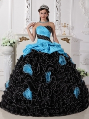 Aqua Blue and Black Sweetheart Organza Beading and Rolling Flowers Ball Gown Quinceanera Dress