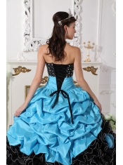 Aqua Blue and Black Sweetheart Organza Beading and Rolling Flowers Ball Gown Quinceanera Dress