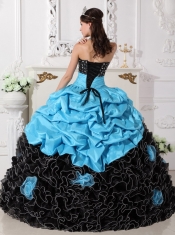 Aqua Blue and Black Sweetheart Organza Beading and Rolling Flowers Ball Gown Quinceanera Dress