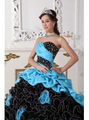 Aqua Blue and Black Sweetheart Organza Beading and Rolling Flowers Ball Gown Quinceanera Dress