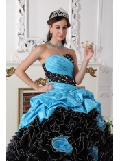 Aqua Blue and Black Sweetheart Organza Beading and Rolling Flowers Ball Gown Quinceanera Dress