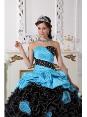 Aqua Blue and Black Sweetheart Organza Beading and Rolling Flowers Ball Gown Quinceanera Dress
