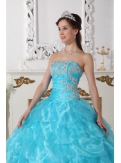 Aqua Blue and Hot Pink Ball Gown Strapless Floor-length Organza Appliques Quinceanera Dress