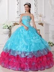 Aqua Blue and Hot Pink Ball Gown Strapless Floor-length Organza Appliques Quinceanera Dress