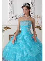 Aqua Blue and Hot Pink Ball Gown Strapless Floor-length Organza Appliques Quinceanera Dress