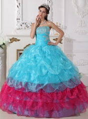 Aqua Blue and Hot Pink Ball Gown Strapless Floor-length Organza Appliques Quinceanera Dress