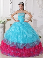 Aqua Blue and Hot Pink Ball Gown Strapless Floor-length Organza Appliques Quinceanera Dress